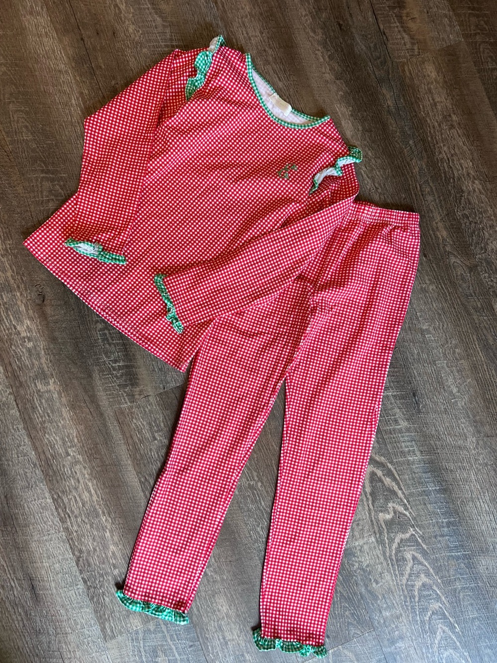 Cecil & Lou Red Plaid with Green Plaid Ruffles Monogrammed E PJs Girls size 12